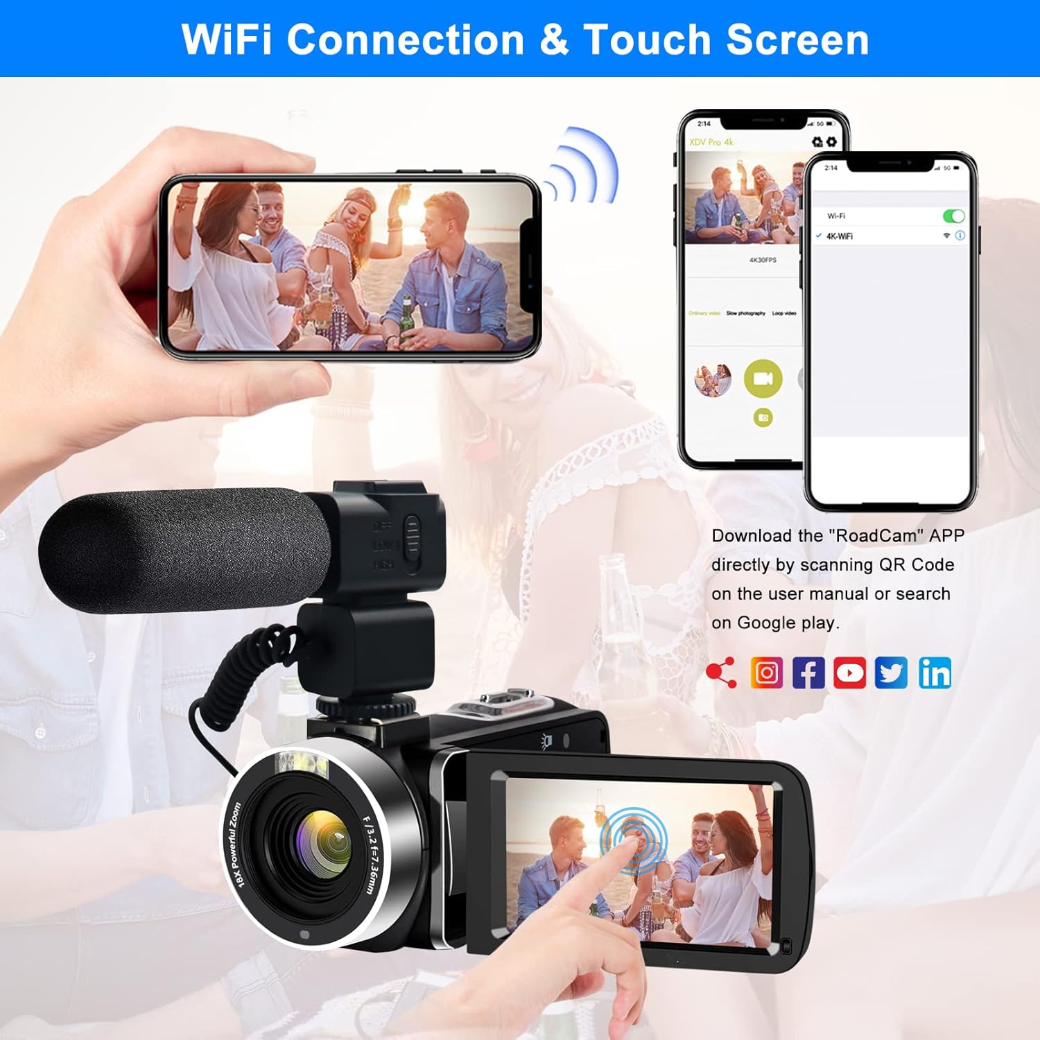 4K Video Camera, Camcorder 48MP Ultra HD WiFi Vlogging Camera for YouTube 18X Zoom 3.0" Touch Screen Digital Camera with Microphone, Stabilizer, Lens Hood, Remote, 2 Batteries - Image 3