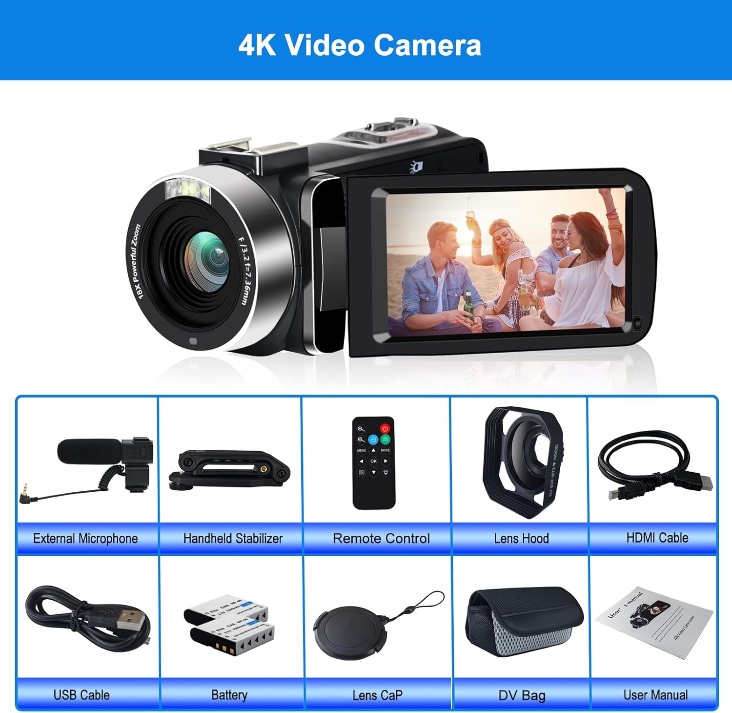 4K Video Camera, Camcorder 48MP Ultra HD WiFi Vlogging Camera for YouTube 18X Zoom 3.0" Touch Screen Digital Camera with Microphone, Stabilizer, Lens Hood, Remote, 2 Batteries - Image 7