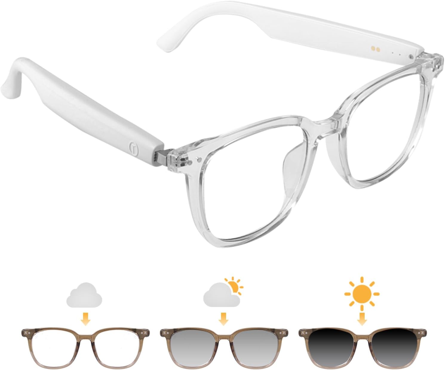 Smart Glasses for Women Men, Bluetooth Glasses with Photochromic Lenses Touch Control Voice Assistant for Clear Audio Remote Photography, Transparent frame and white legs, Perfect for Indoor Outdoor