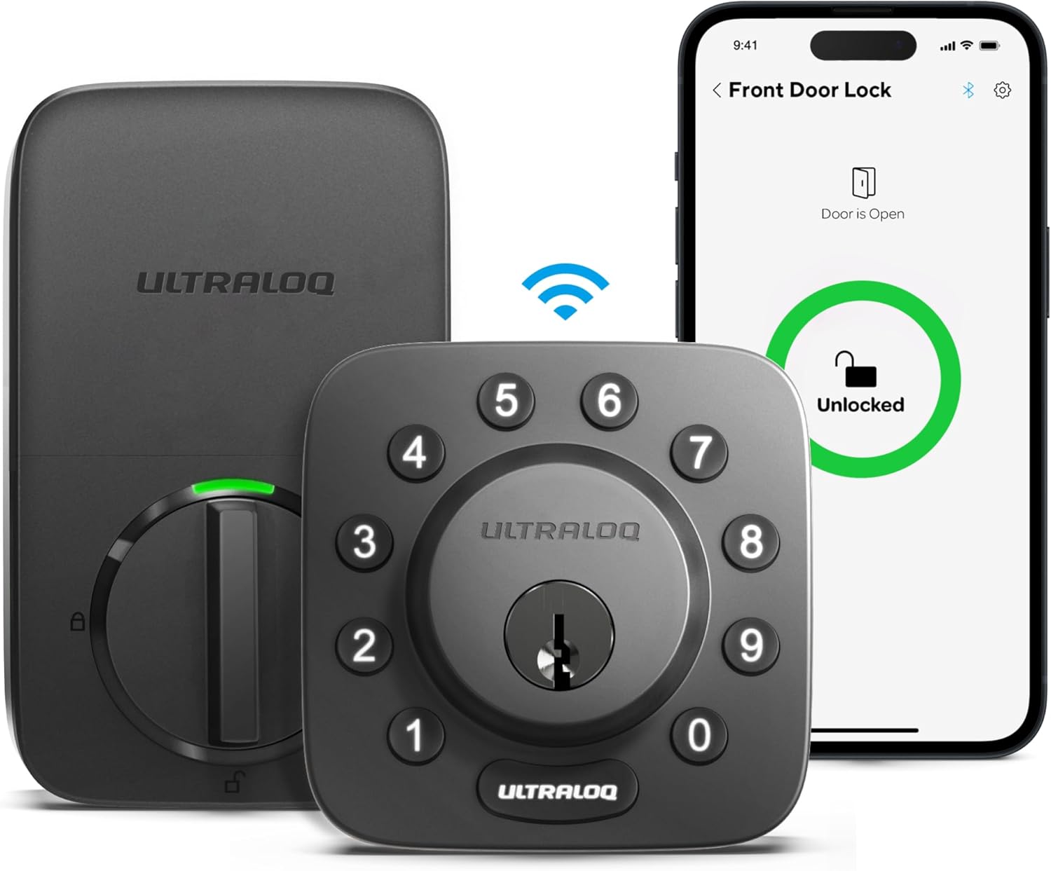 Smart Lock, ULTRALOQ U-Bolt + Bridge WiFi Adaptor, 5-in-1 Keyless Entry Door Lock with WiFi, App, Bluetooth and Keypad, Locks for Front Door, Deadbolt, ANSI Grade 1 Certified - Black