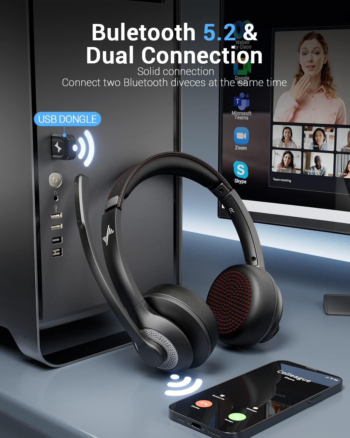 Wireless Headset with AI Noise Cancelling Microphone Bluetooth Headset - Bluetooth V5.2 Headphones with USB Dongle & Mic Mute for Computer/Laptop/PC/iPhone/Android/Cell Phones (Bluetooth+USB Dongle) - Image 2